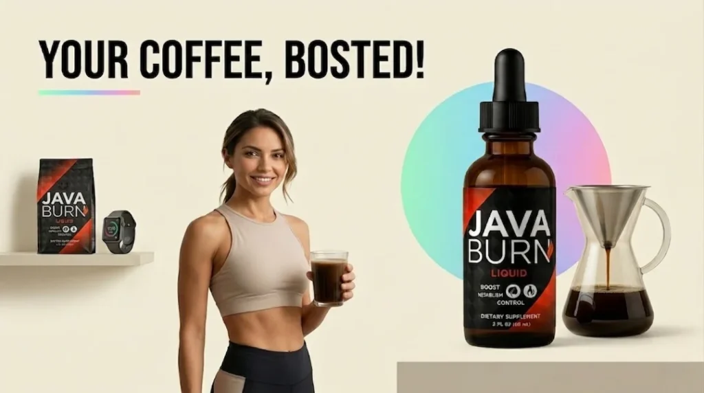Java Burn Liquid dietary supplement bottle with coffee — boost metabolism and appetite control