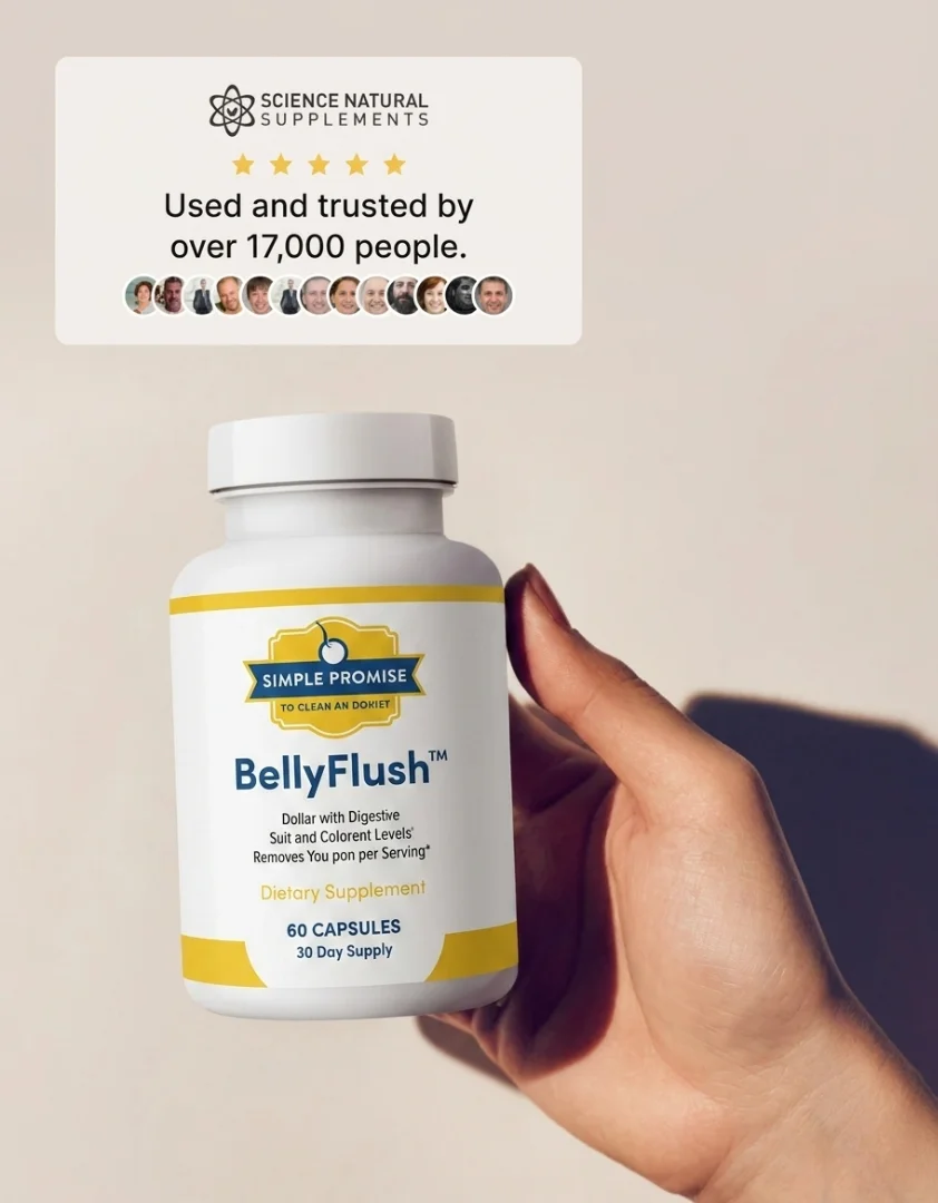 A person holding a white bottle of Simple Promise BellyFlush dietary supplement capsule for gut health and digestive support.